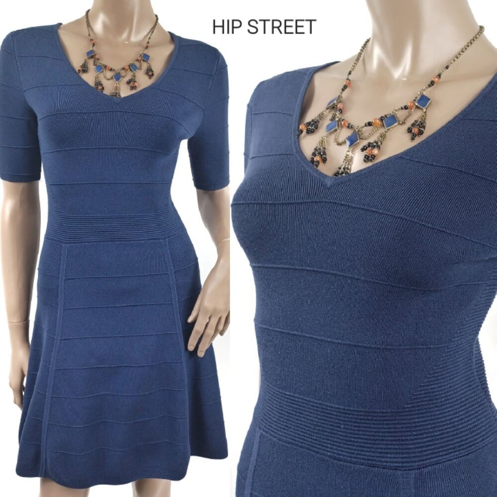 Ann Taylor Dress Navy Blue Stretch Knit SS V Neck XS